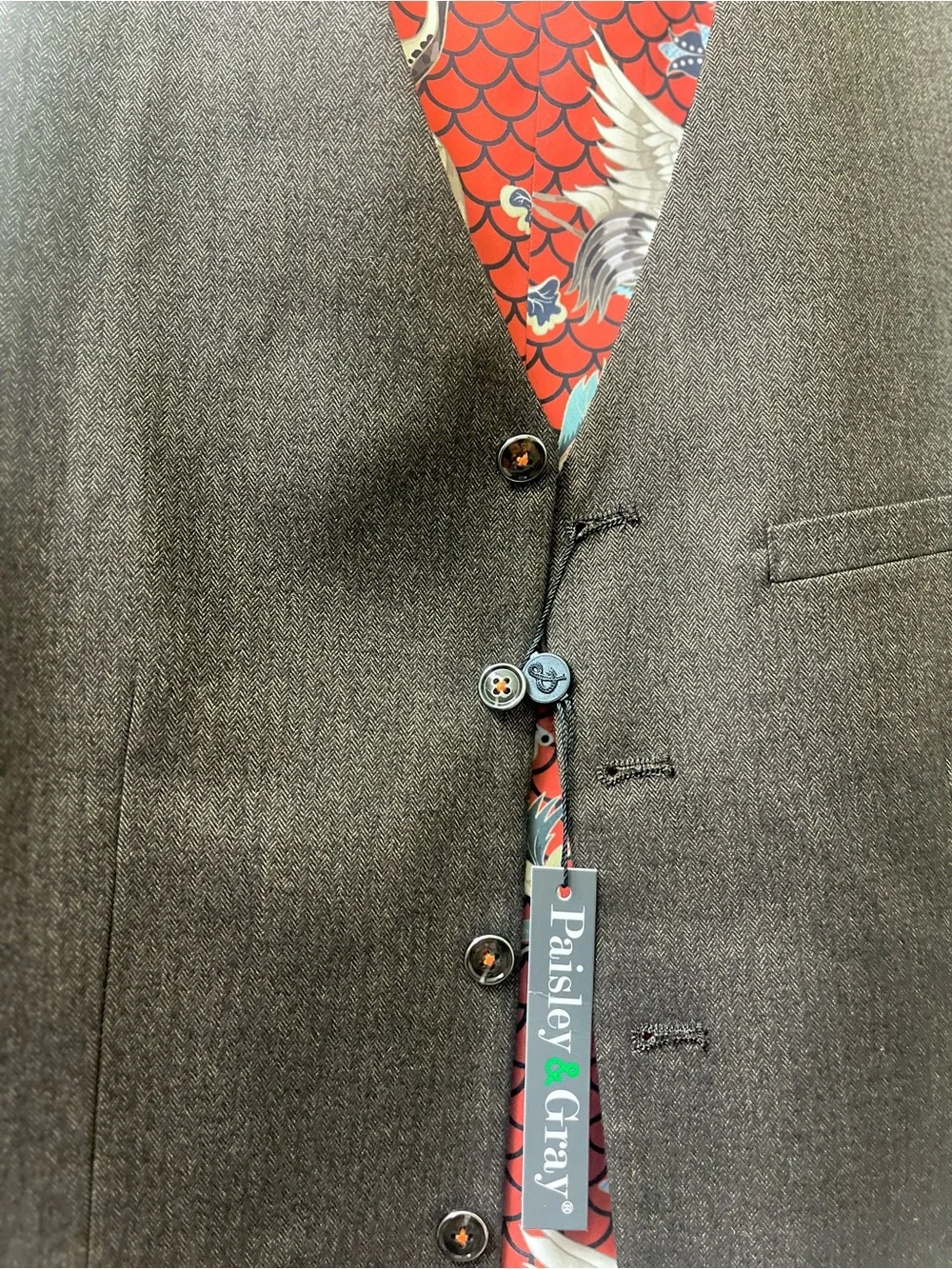 Paisley & Gray Slim Fit Vest, Brown Herringbone Red Crane Floral Print Lining, M